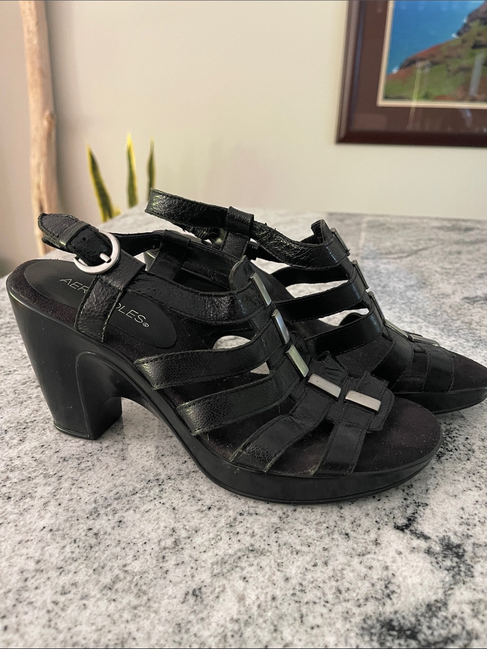 AEROSOLES Black Block Heel Strapped Sandals